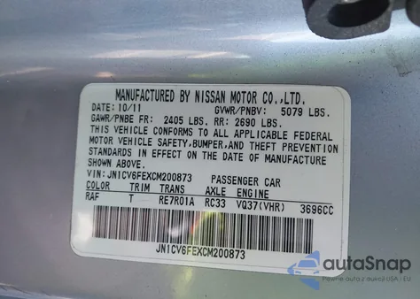 2012 Infiniti G37 z USA, uszkodzony, nr VIN JN1CV6FEXCM200873